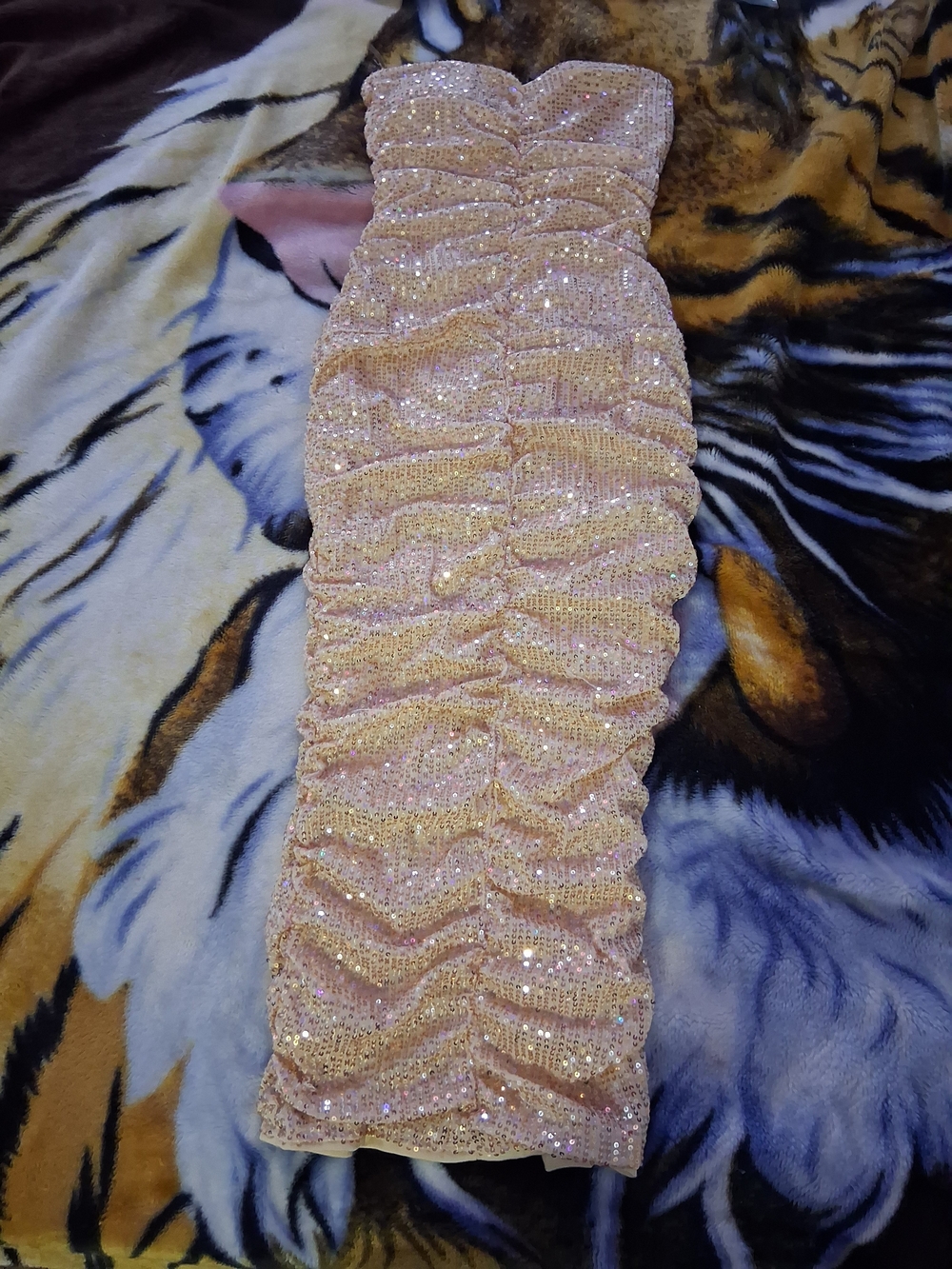 Strapless Pink Sequin Ruched Midi Dress
